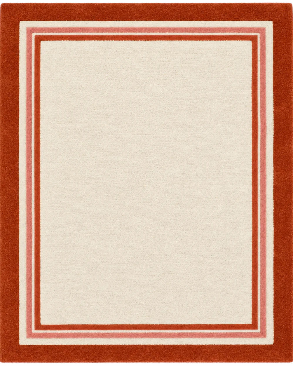 Red and ivory hand-tufted wool area rug with geometric border