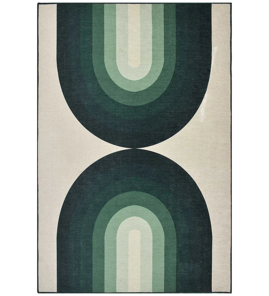 Retro green geometric arch rug with earthy tones.