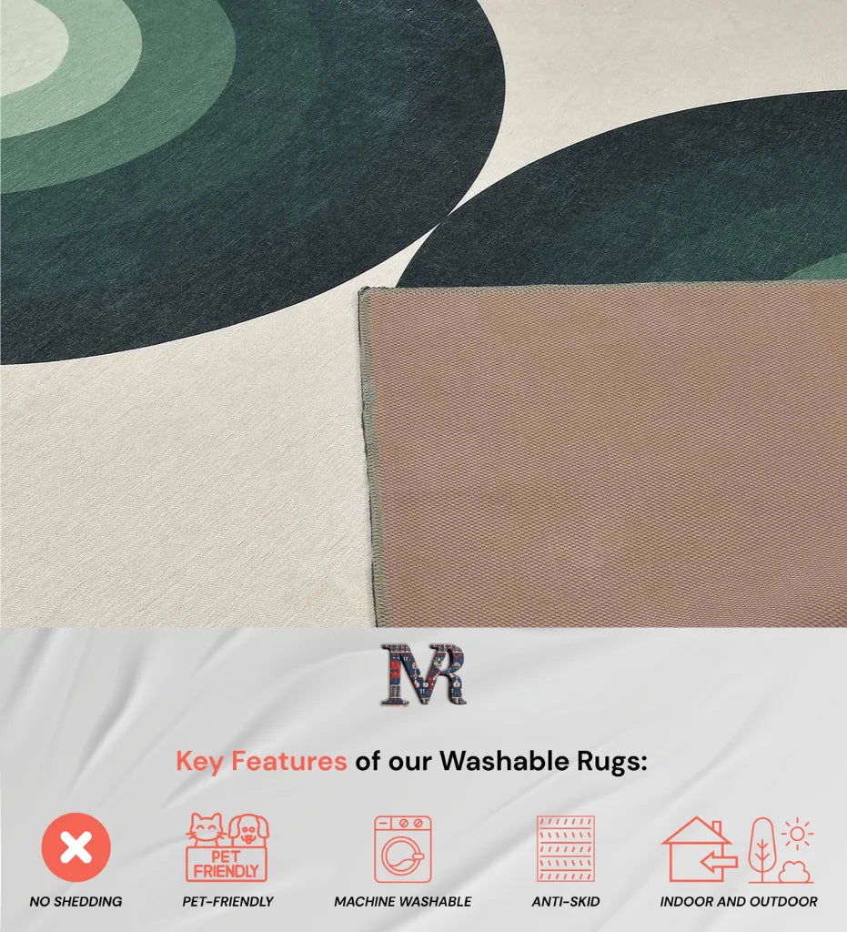 Stylish green arch rug perfect for mid-century modern spaces.