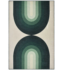 Retro green geometric arch rug with earthy tones.