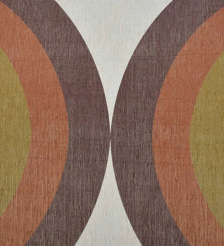 Colorful low-profile area rug with vintage rainbow motif.