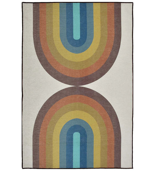 Retro rainbow geometric arch rug with vibrant colors.