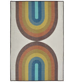 Retro geometric arch rug with rainbow-inspired pattern in blue, yellow, orange, and brown tones on cream background