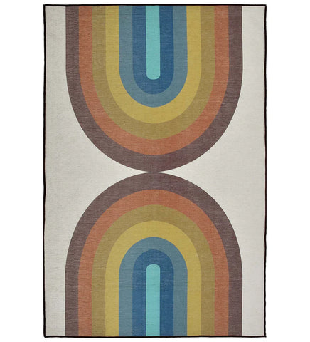Retro rainbow geometric arch rug with vibrant colors.