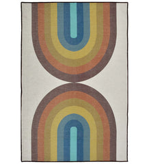 Retro rainbow geometric arch rug with vibrant colors.