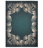 Luxury teal rug with artistic beige palm leaf border design, handwoven for elegant home decor