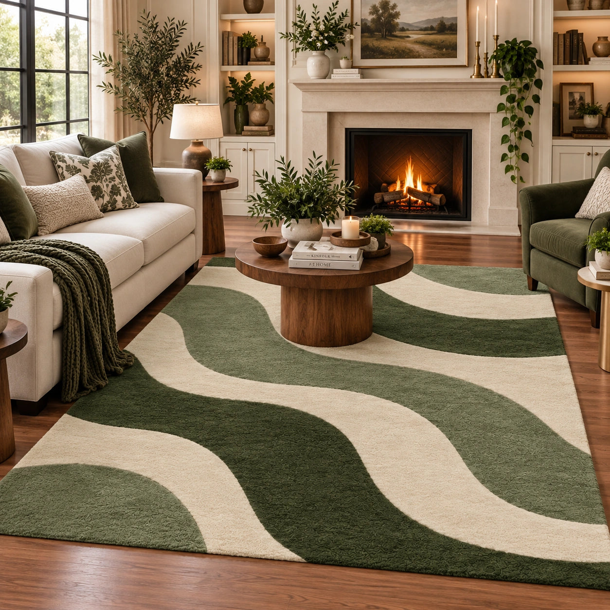 Green and cream 8x10 rectangular wool area rug for living room with flowing wavy pattern
