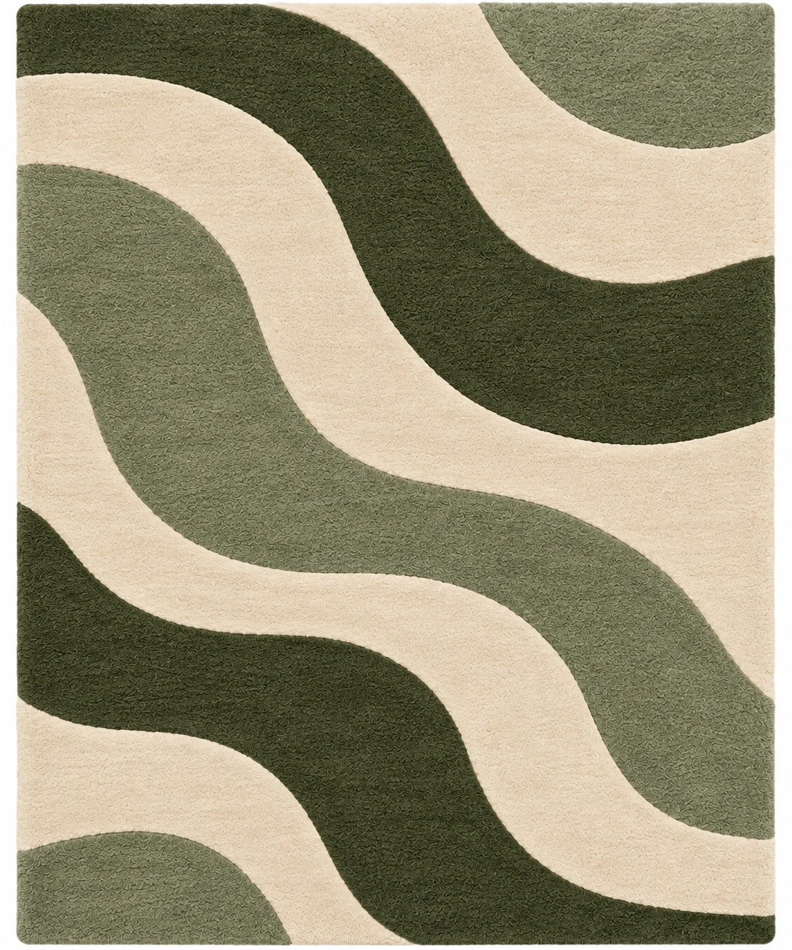 A square area rug with a modern abstract wavy pattern in olive green, sage green, and cream.