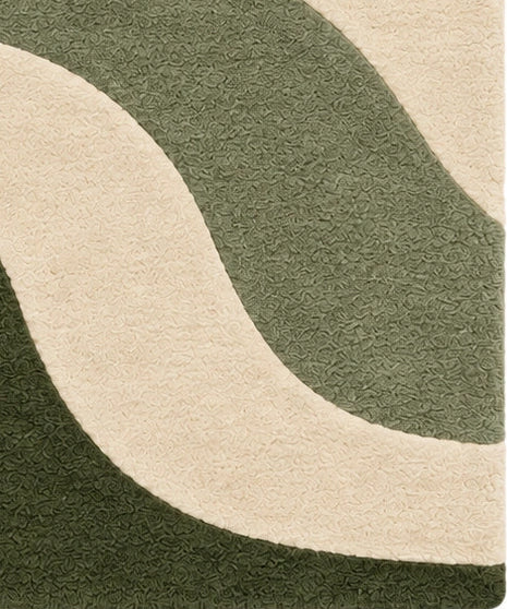 A square area rug with a modern abstract wavy pattern in olive green, sage green, and cream.