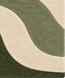 A square area rug with a modern abstract wavy pattern in olive green, sage green, and cream.