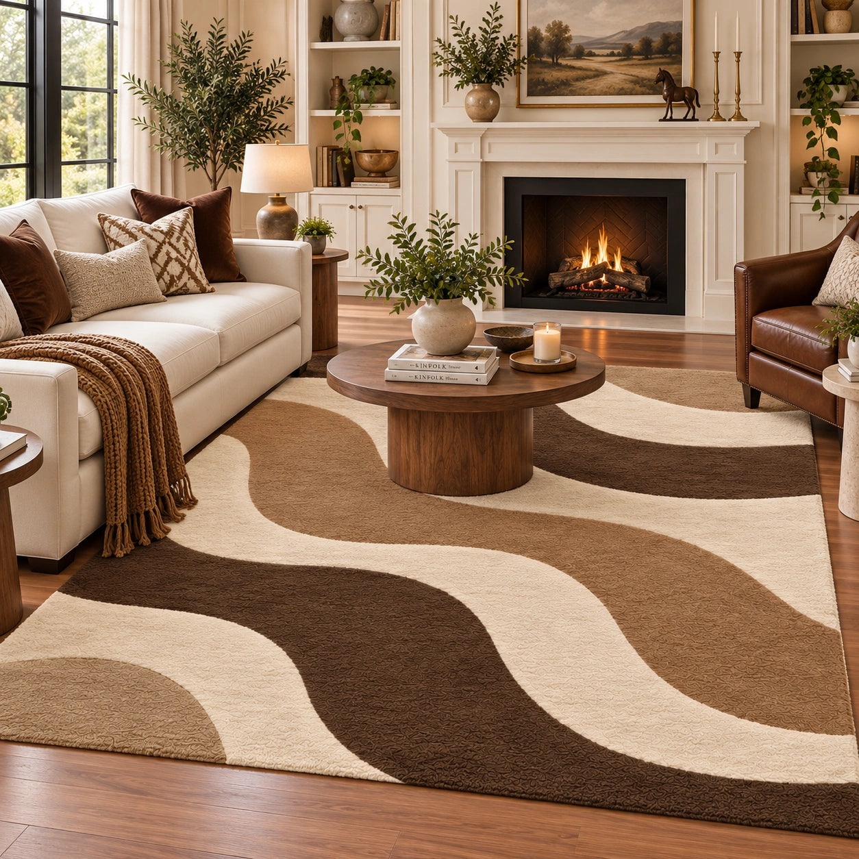 Brown and cream abstract wool area rug with flowing waves for a living room, 8x10 size
