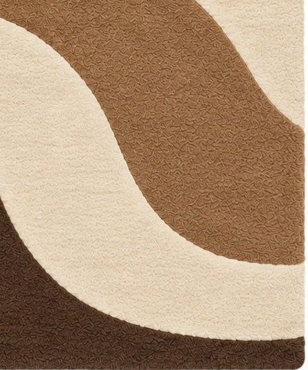 Close-up of brown flowing wave pattern on cream wool rug for a bedroom, 6x9 size