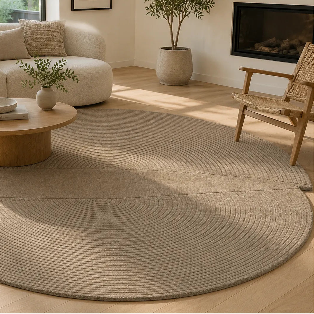 Round beige rug in a living room with a coffee table and chair.