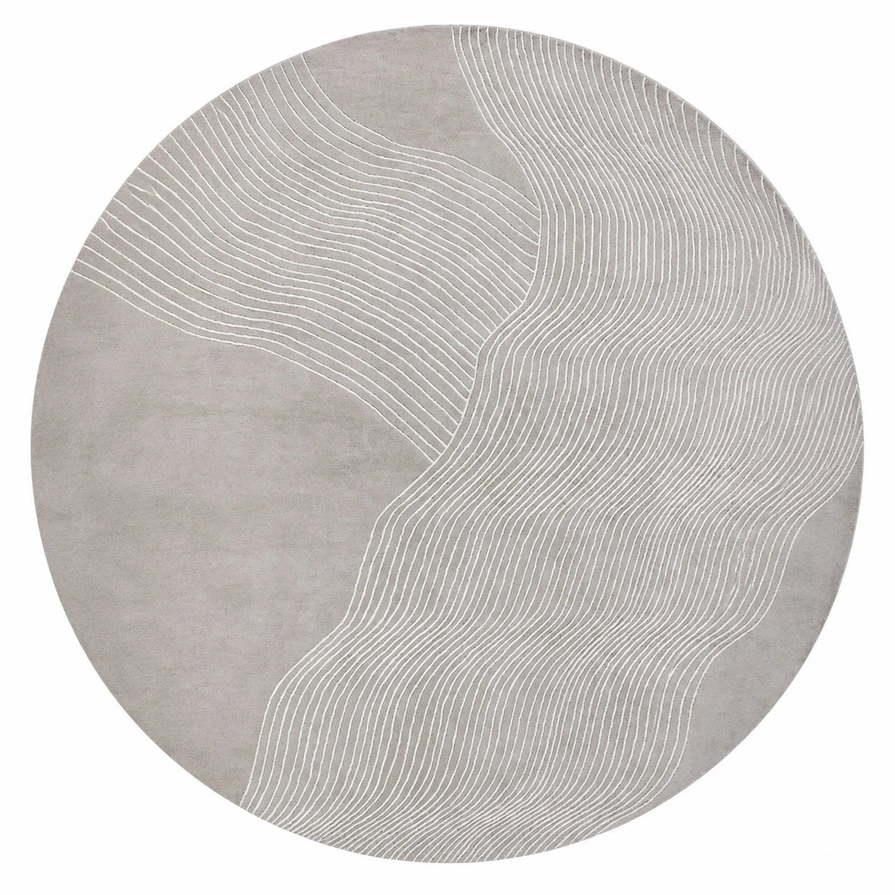 Round gray rug with white line pattern on a white background

