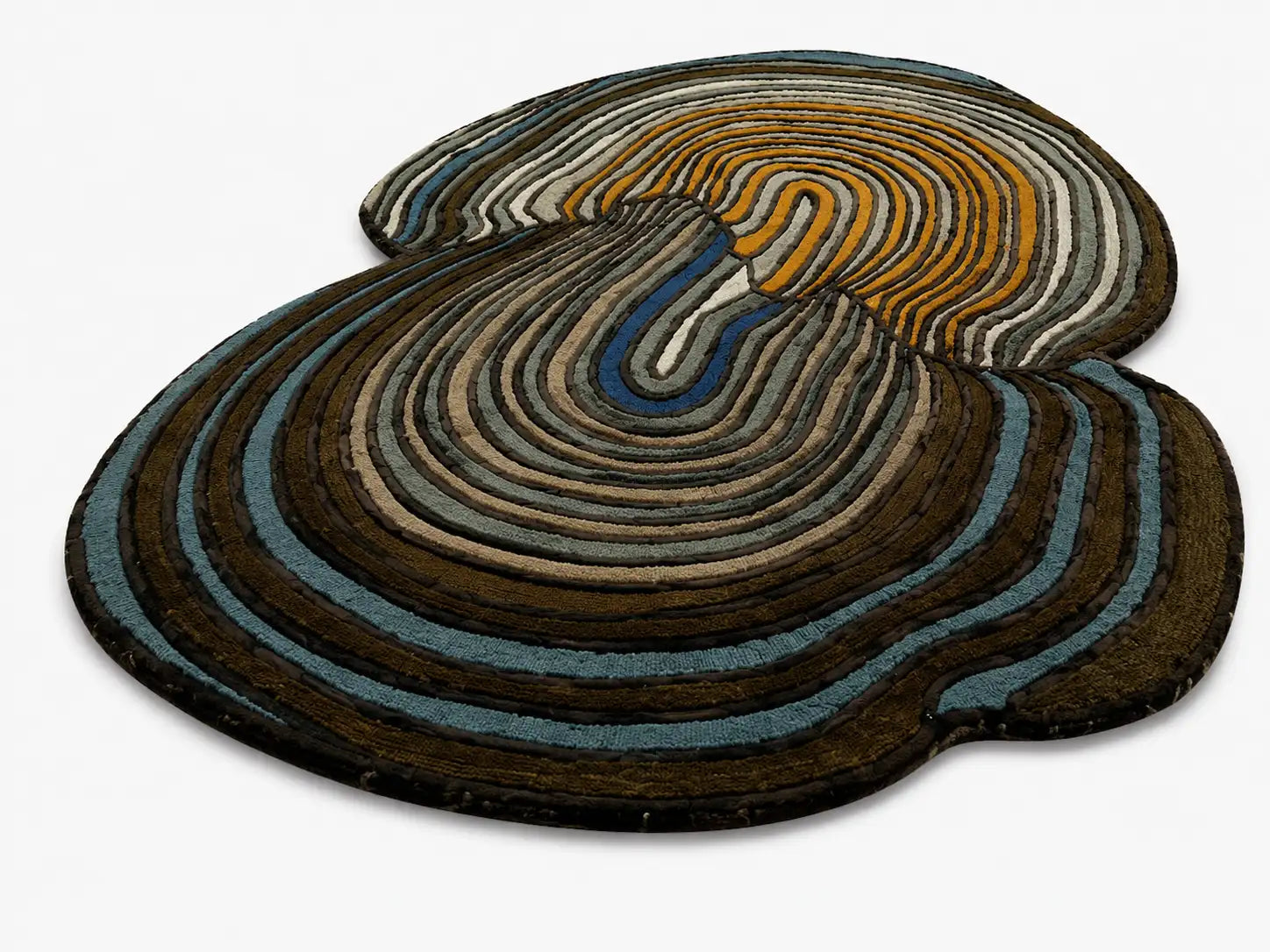 Round, multicolored rug with concentric circle pattern on a white background