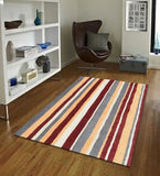 Luxury striped wool rug featuring rust, mustard, ivory, and gray tones.