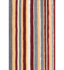 Rust red, mustard, and gray hand-tufted wool rug with modern vertical stripes.