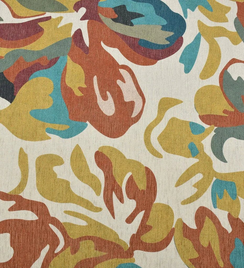 Artistic watercolor style rug in rust, mustard, and cream.