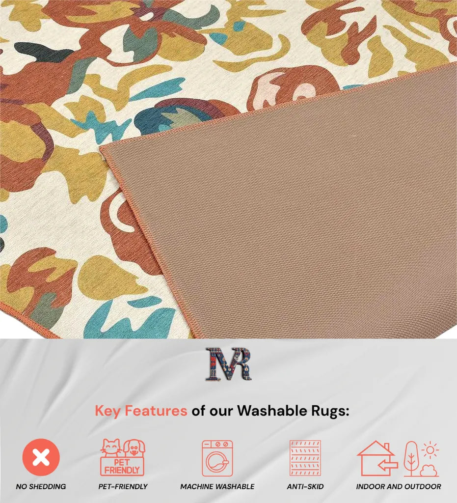 Washable boho-style rug with rust and mustard flower design.
