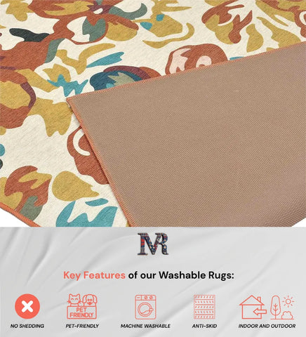 Washable boho-style rug with rust and mustard flower design.