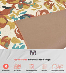 Washable boho-style rug with rust and mustard flower design.