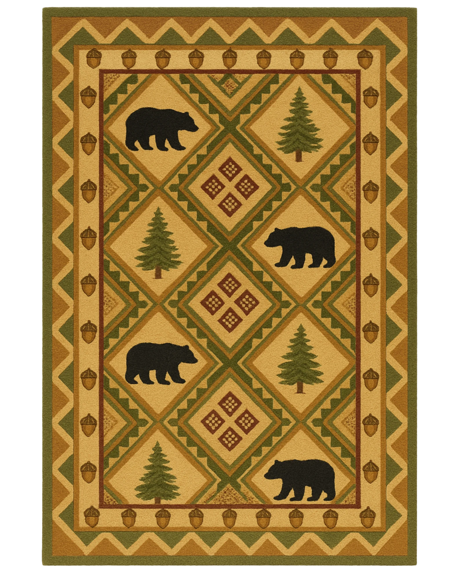 Rustic beige and green hand-tufted wool cabin rug with bear and pine design.