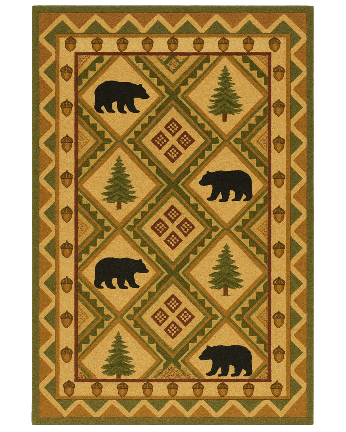 Rustic beige and green hand-tufted wool cabin rug with bear and pine design.