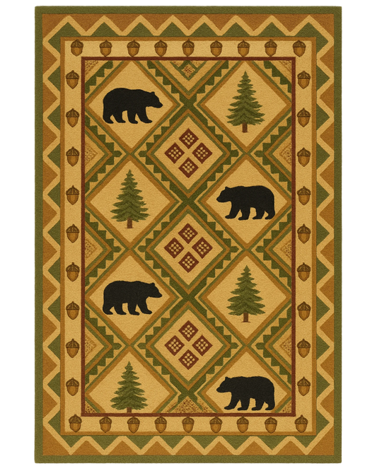 Rustic beige and green hand-tufted wool cabin rug with bear and pine design.