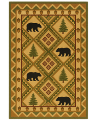Rustic beige and green hand-tufted wool cabin rug with bear and pine design.