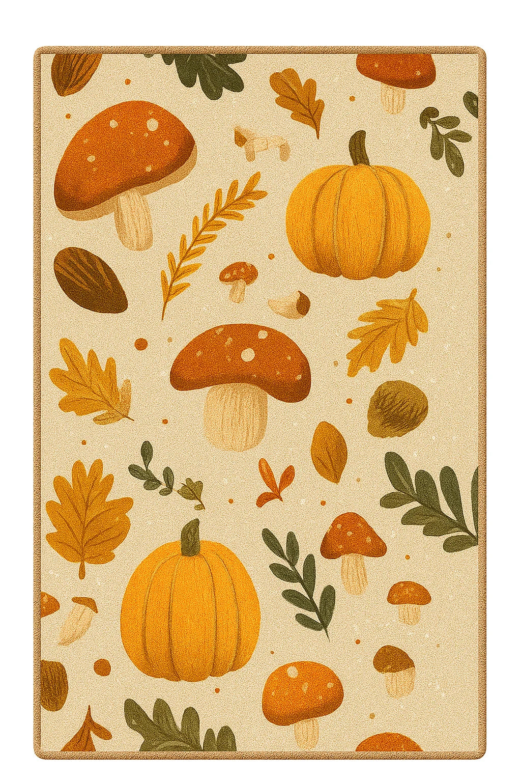 Pumpkin and mushroom fall harvest rug in orange and green tones.