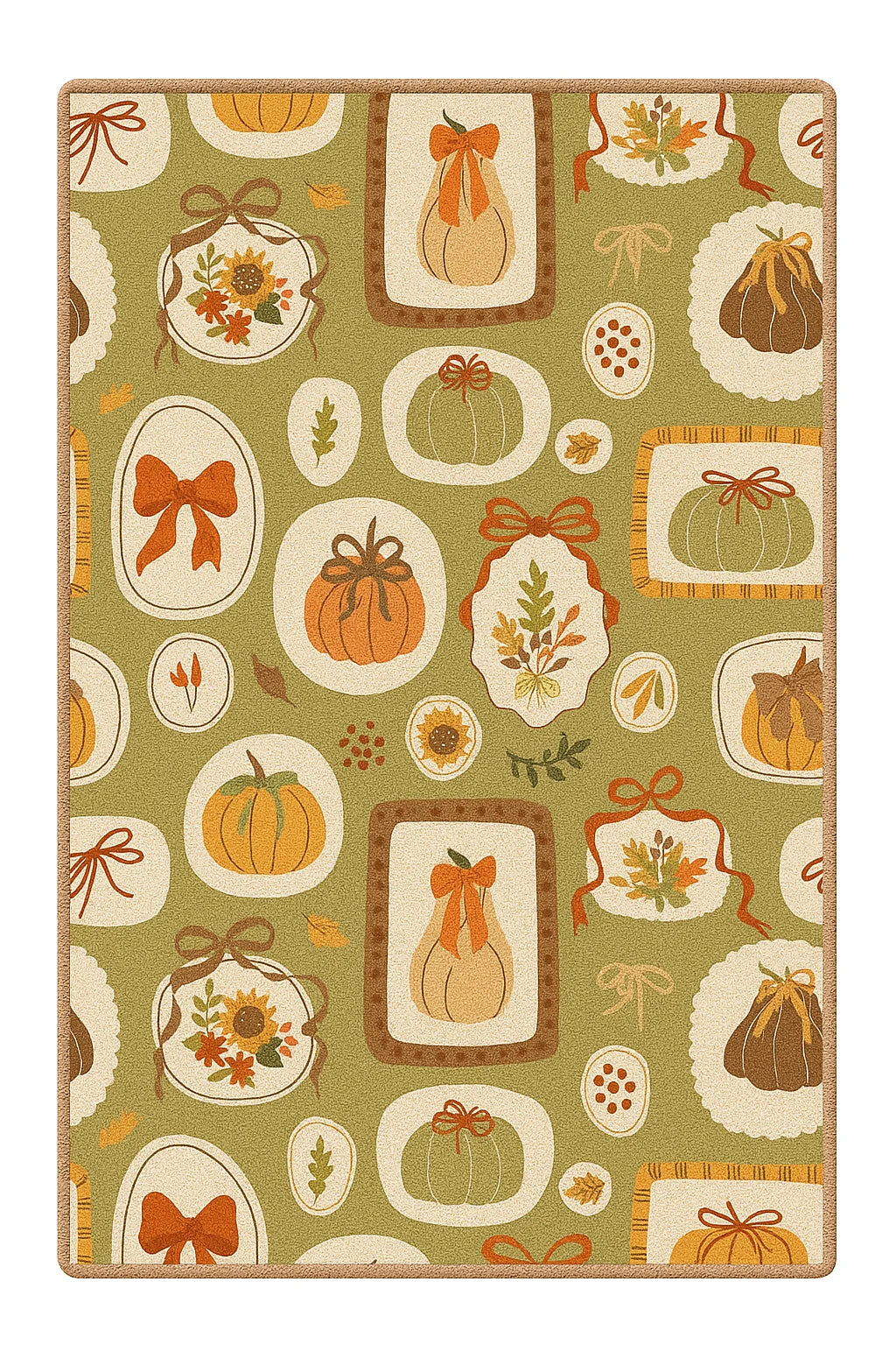 Harvest rug with pumpkins, bows, and leaves on green background.