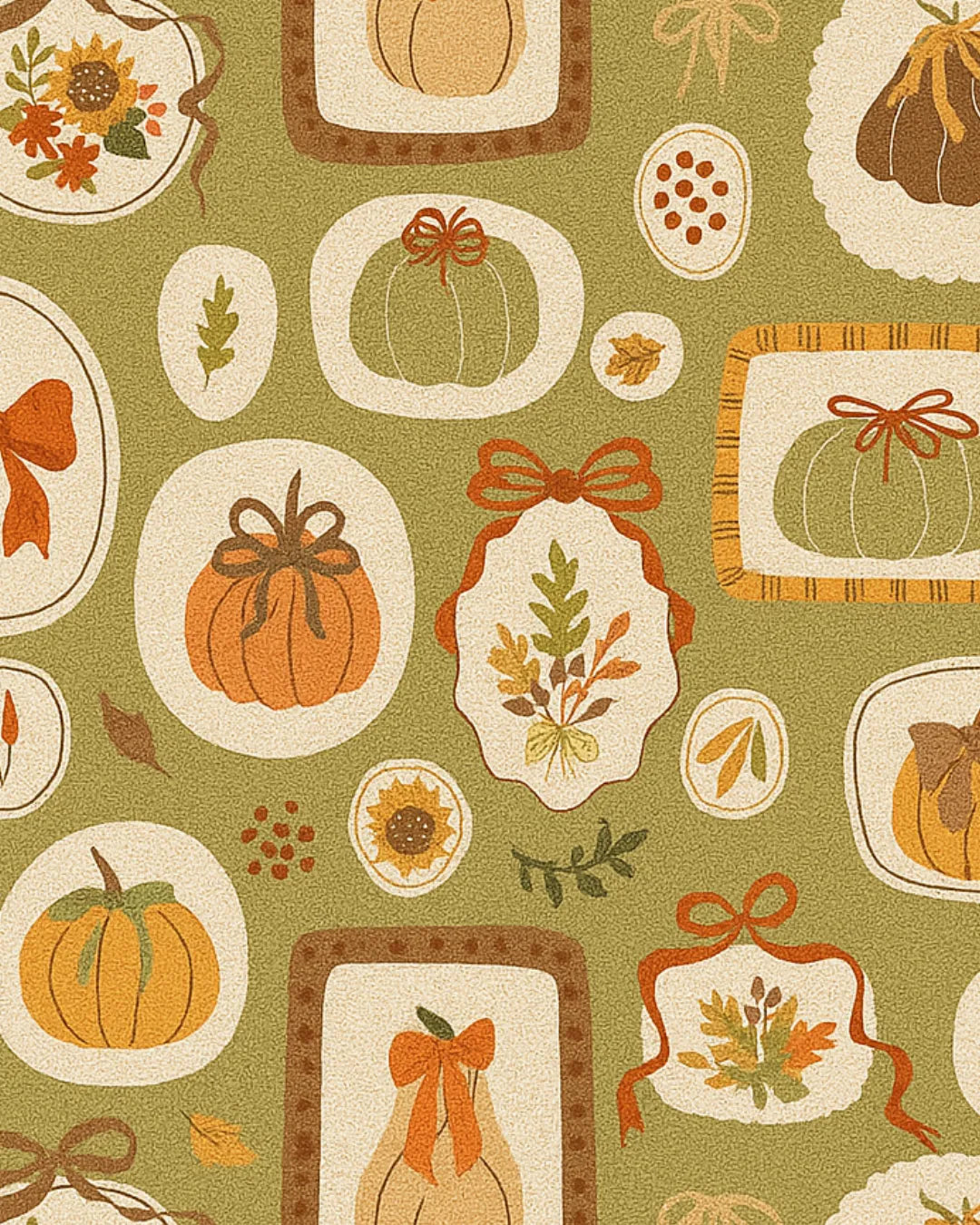 Farmhouse autumn rug featuring pumpkins, bows, and framed accents.