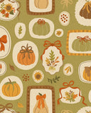Rustic green pumpkin pattern with fall leaves, bows, and sunflowers on textured fabric