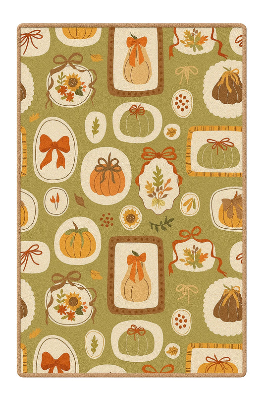 Harvest rug with pumpkins, bows, and leaves on green background.