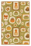 Autumn-themed harvest rug with framed pumpkins, fall leaves, and bows on a green background