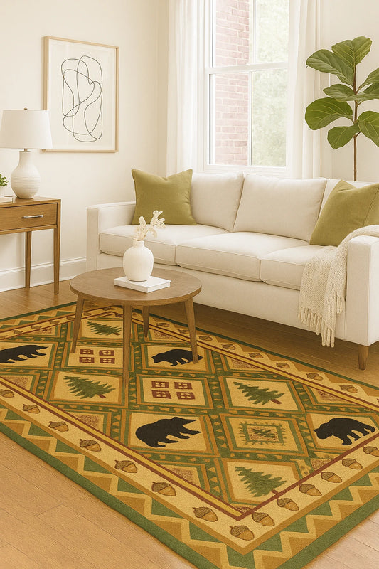 Forest and Nature-themed hand-tufted wool cabin rug featuring pine trees and acorns.