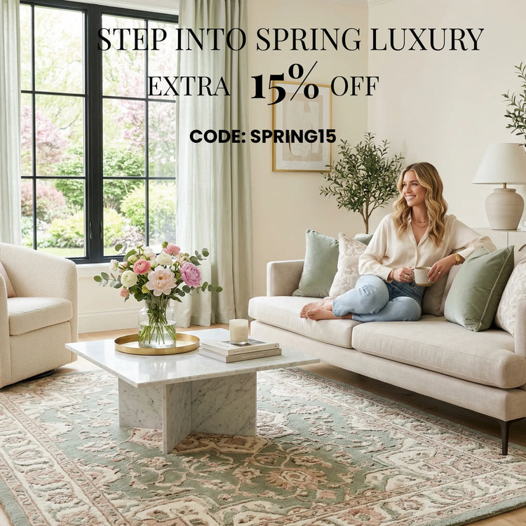 Woman sitting on a couch in a stylish living room with promotional text  overlay. RUGS And carpet