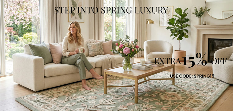 Woman sitting on a couch in a stylish living room with promotional text overlay.