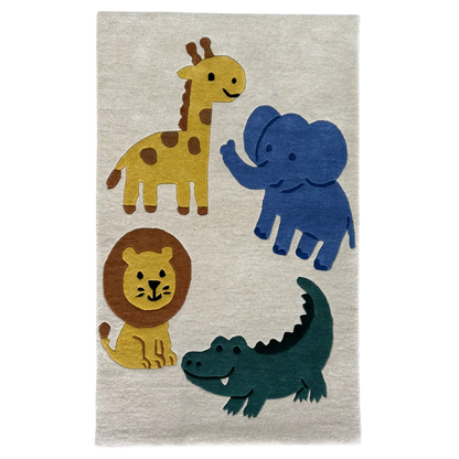 Children's rug with cartoon animals including a giraffe, elephant, lion, and crocodile on a beige background.