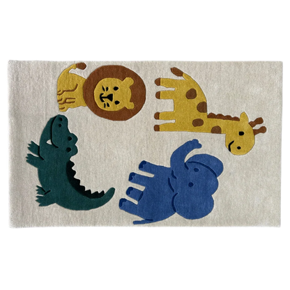 Children's rug with colorful animal illustrations on a beige background