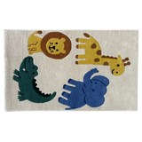 Children's rug with colorful safari animals including lion, giraffe, elephant, and crocodile on light background
