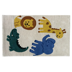 Children's rug with colorful animal illustrations on a beige background