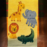 Bright kids rug with colorful cartoon safari animals: giraffe, elephant, lion, and crocodile on yellow background