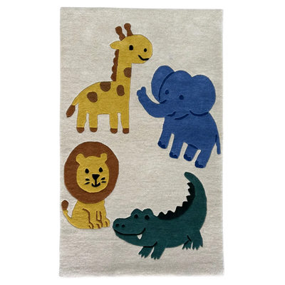 Children's rug with cartoon animals including a giraffe, elephant, lion, and crocodile on a beige background.