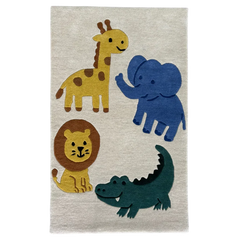 Children's rug with cartoon animals including a giraffe, elephant, lion, and crocodile on a beige background.