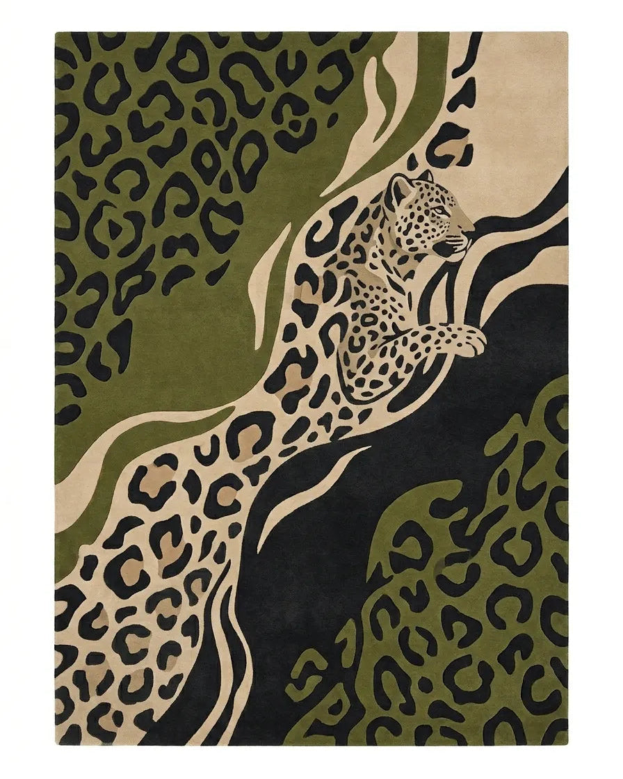 Leopard print rug with green, black, and beige colors