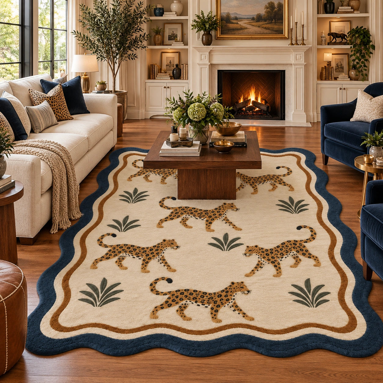 Leopard 8x10 rectangular wool area rug for living room with spotted animal print and botanical design