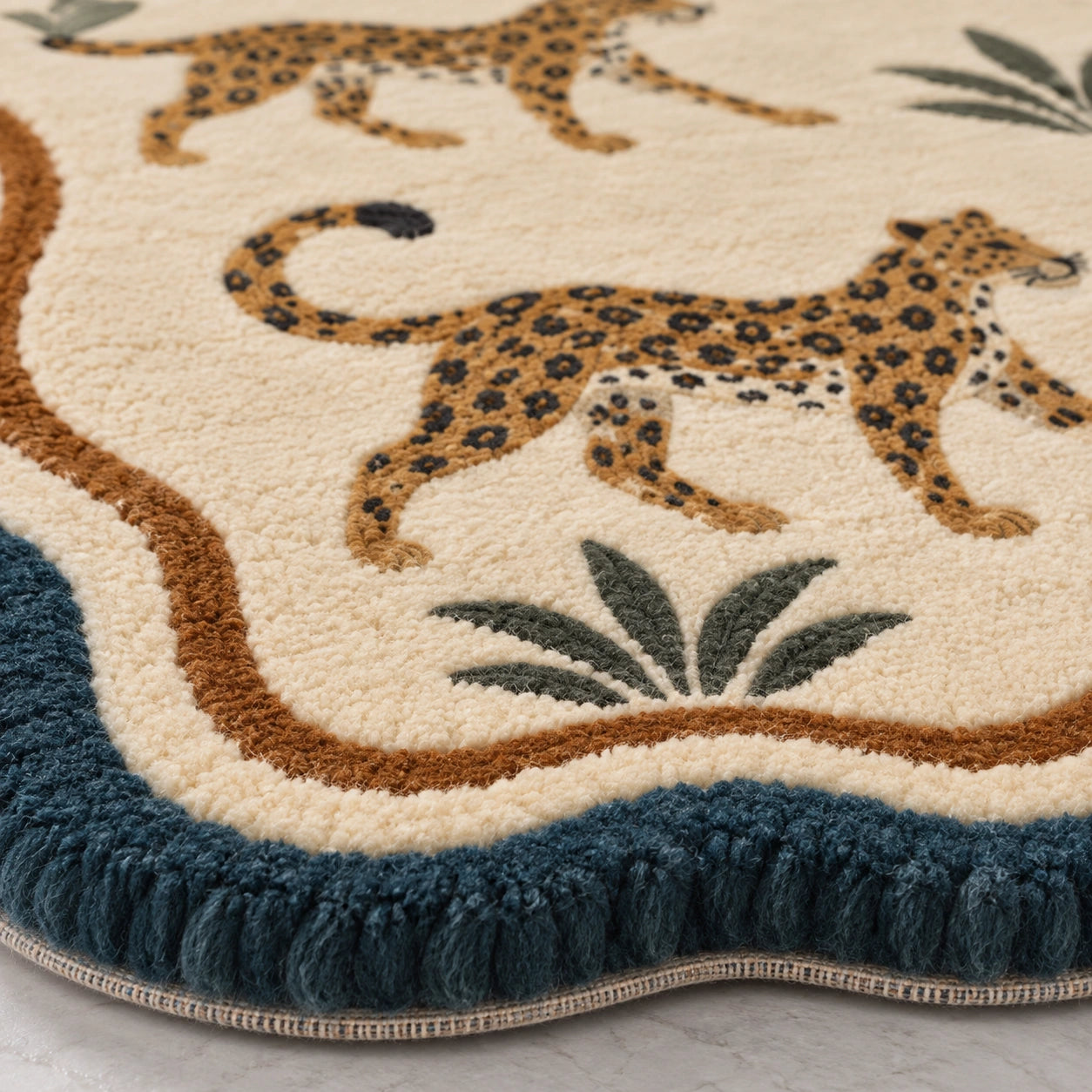 Leopard 9x12 rectangular wool area rug for bedroom with safari animal print and botanical motifs