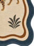 Leopard 10x14 rectangular wool area rug for living room with ivory, brown and blue border