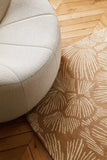 Tan 8x10 rectangular wool area rug for bedroom with cream floral and leaf pattern